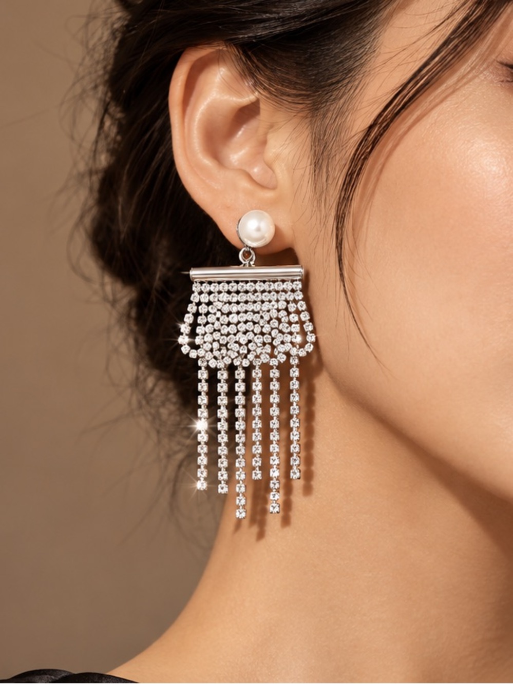Silver Tone Faux Pearl Rhinestone Fringe Statement Dangle Earrings Statement